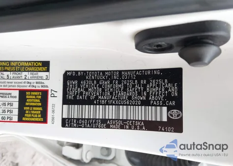 2012 Toyota Camry Se z USA, uszkodzony, nr VIN 4T1BF1FKXCU562020